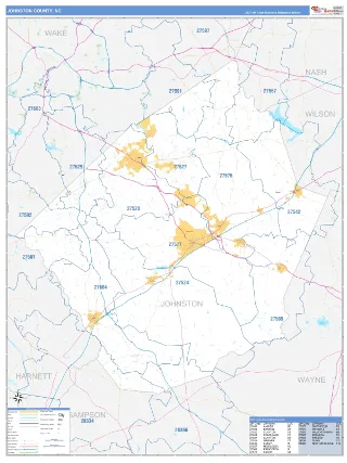 Johnston County, NC Business Reference style ZIP Code wall map