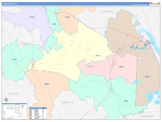 Jones County, NC ColorCast style ZIP Code wall map