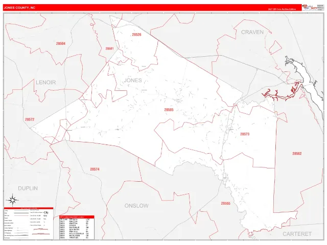 Jones County, NC ZIP Code Wall Map, RedLine style