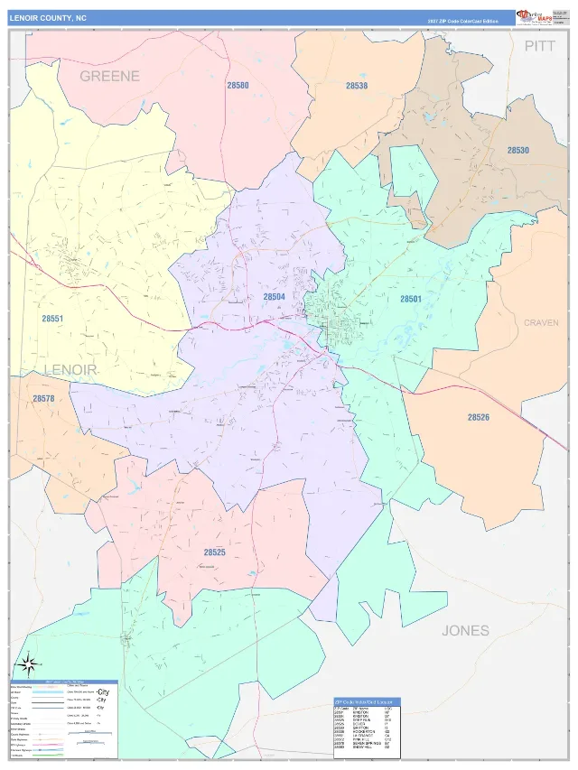 Lenoir County, NC ZIP Code Wall Map, ColorCast style