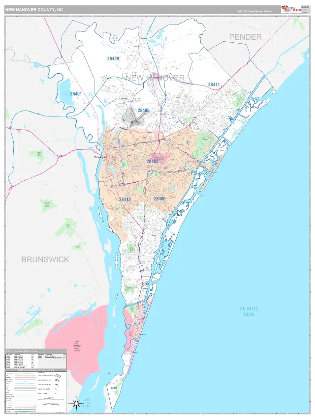 New Hanover County, NC ZIP Code Wall Map, Classic style