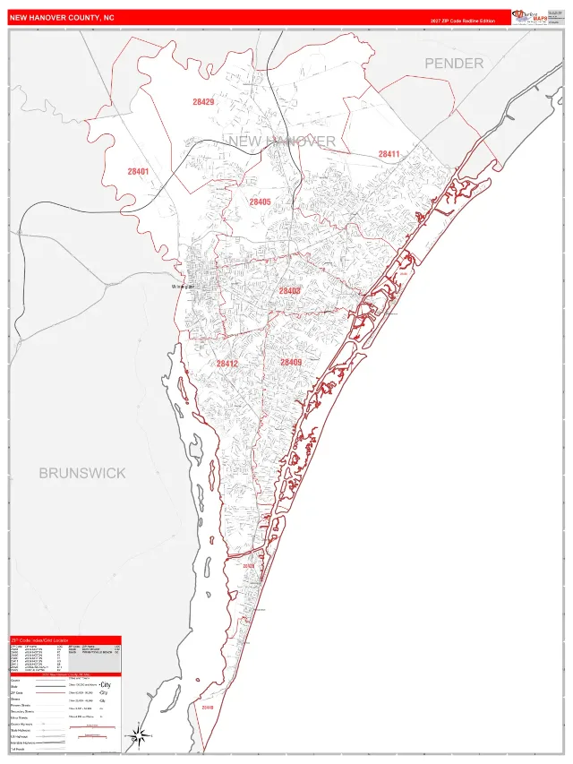New Hanover County, NC ZIP Code Wall Map, RedLine style
