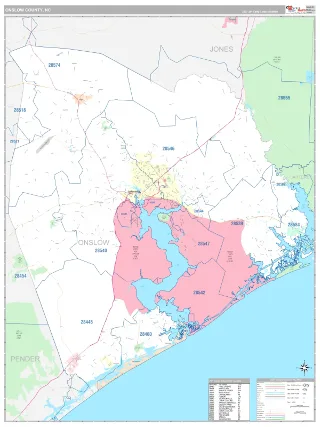 Onslow County, NC Classic style ZIP Code wall map