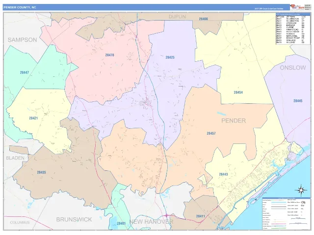 Pender County, NC ZIP Code Wall Map, ColorCast style