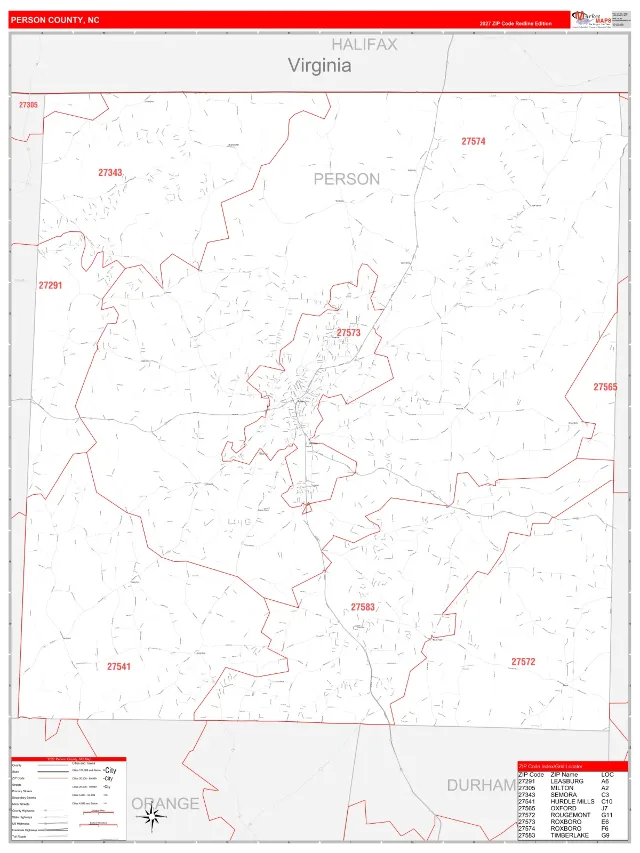 Person County, NC ZIP Code Wall Map, RedLine style