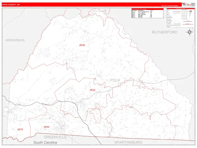 Polk County, NC ZIP Code Wall Map, RedLine style