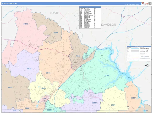 Rowan County, NC ZIP Code Wall Map, ColorCast style