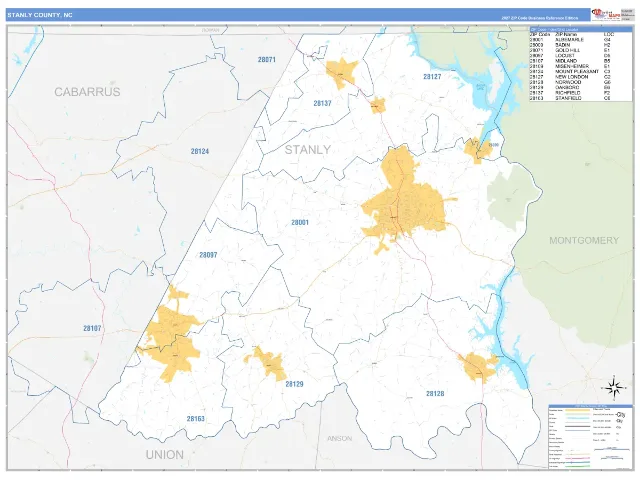 Stanly County, NC ZIP Code Wall Map, Business Reference style