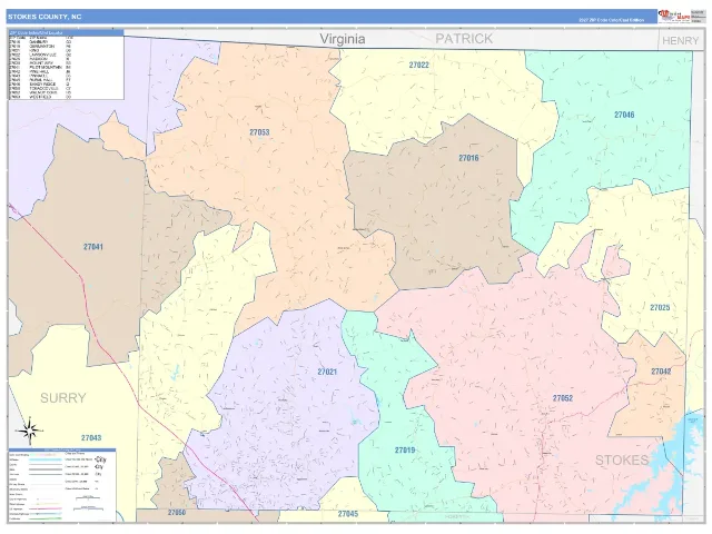 Stokes County, NC ZIP Code Wall Map, ColorCast style