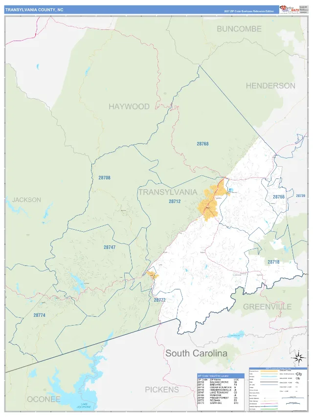 Transylvania County, NC ZIP Code Wall Map, Business Reference style