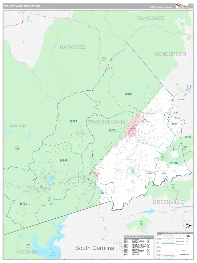 Transylvania County, NC ZIP Code Wall Map, Classic style