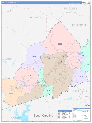 Transylvania County, NC ColorCast style ZIP Code wall map