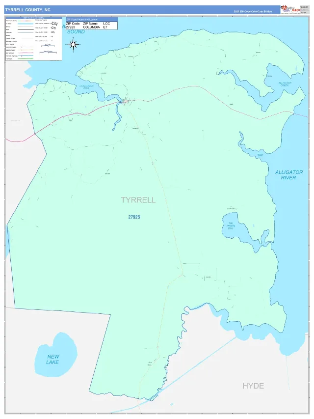 Tyrrell County, NC ZIP Code Wall Map, ColorCast style