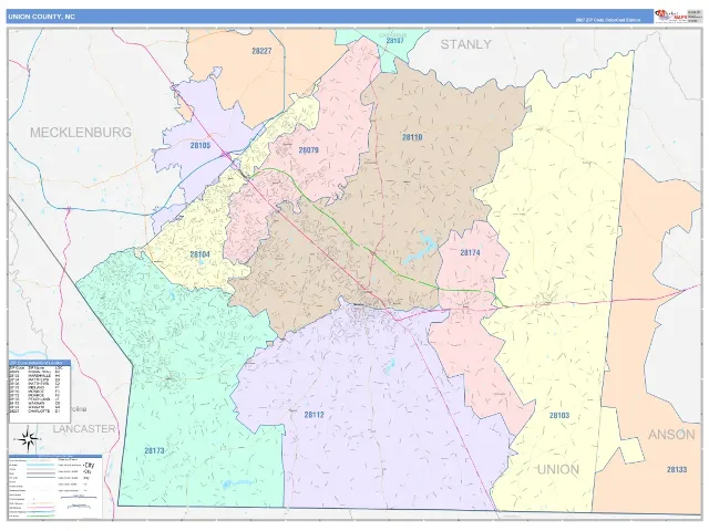 Union County, NC ZIP Code Wall Map, ColorCast style
