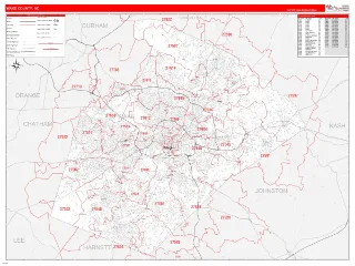 Wake County, NC RedLine style ZIP Code wall map
