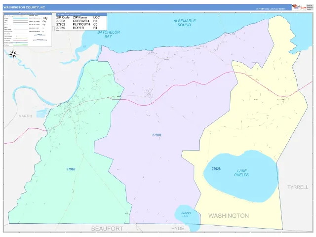 Washington County, NC ZIP Code Wall Map, ColorCast style