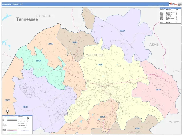 Watauga County, NC ZIP Code Wall Map, ColorCast style
