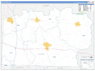 Yadkin County, NC Business Reference style ZIP Code wall map