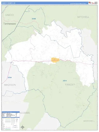 Yancey County, NC Business Reference style ZIP Code wall map