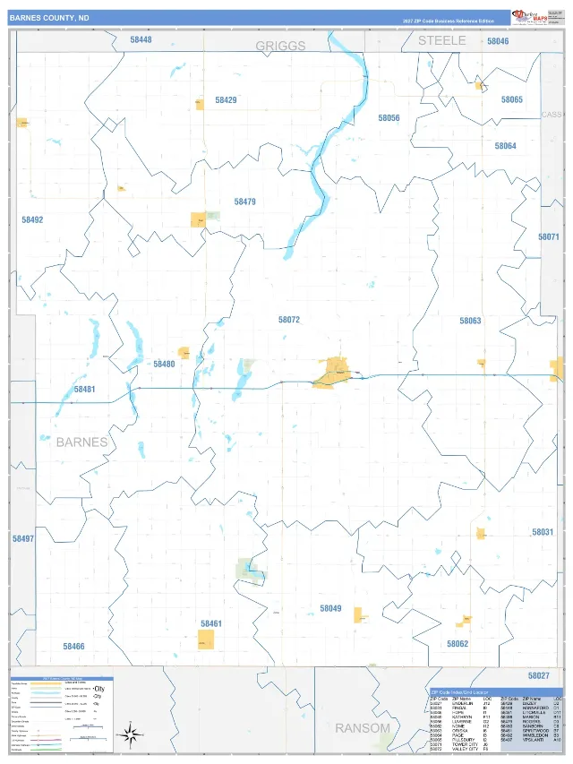 Barnes County, ND ZIP Code Wall Map, Business Reference style