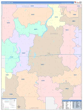 Barnes County, ND ColorCast style ZIP Code wall map
