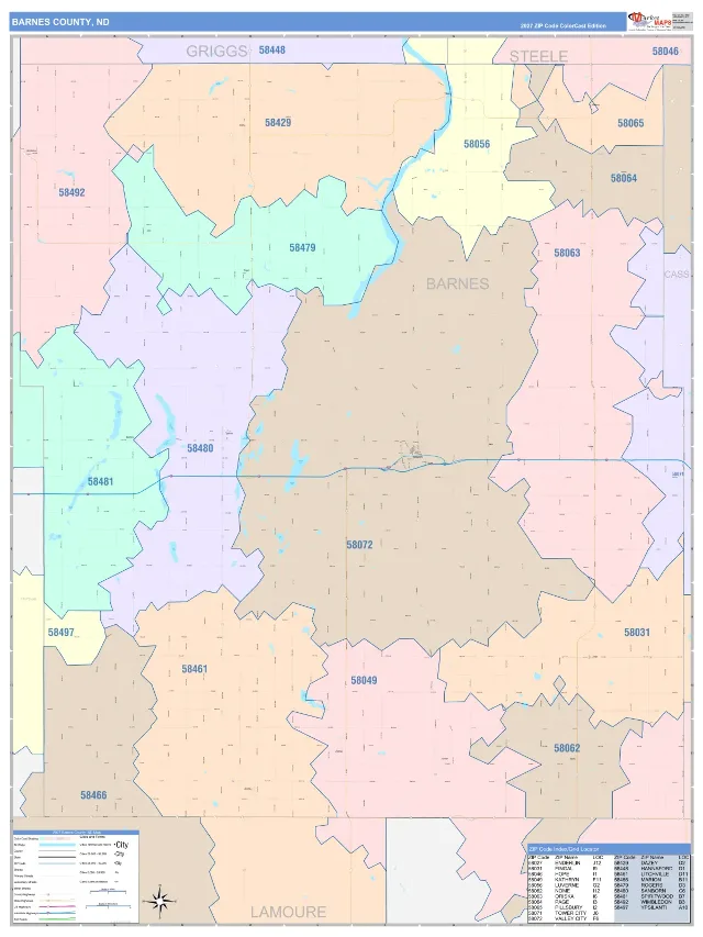 Barnes County, ND ZIP Code Wall Map, ColorCast style