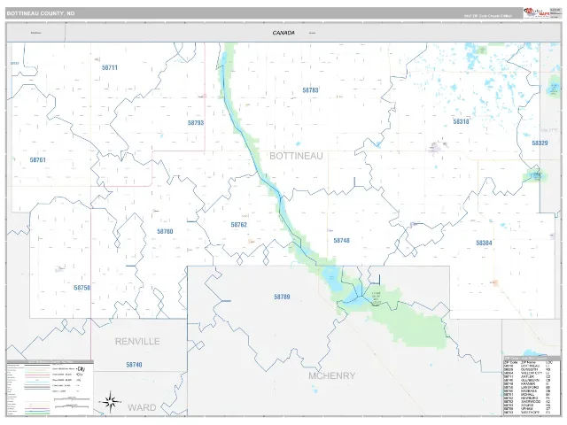 Bottineau County, ND ZIP Code Wall Map, Classic style