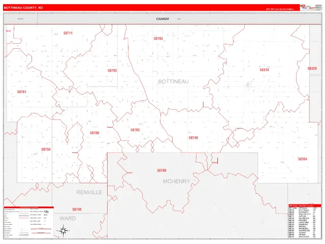 Bottineau County, ND ZIP Code Wall Map, RedLine style