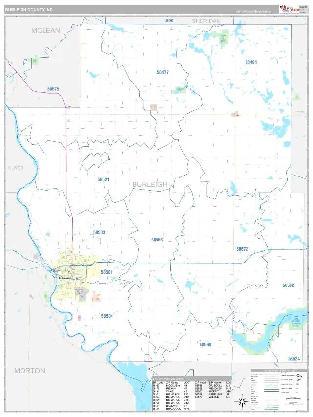 Burleigh County, ND ZIP Code Wall Map, Classic style