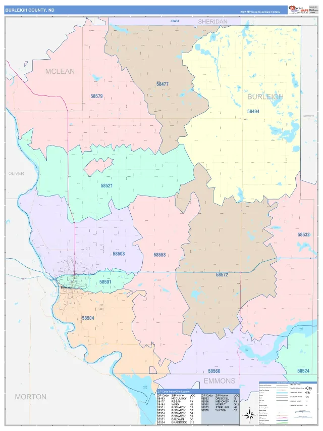 Burleigh County, ND ZIP Code Wall Map, ColorCast style