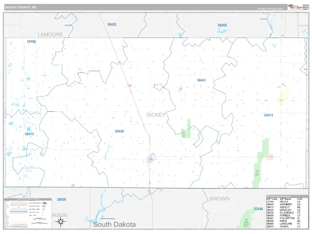 Dickey County, ND ZIP Code Wall Map, Classic style