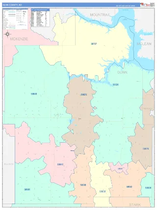 Dunn County, ND ColorCast style ZIP Code wall map