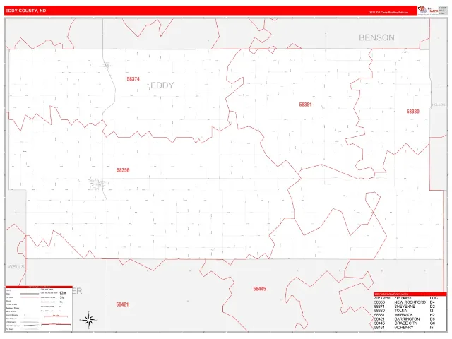 Eddy County, ND ZIP Code Wall Map, RedLine style