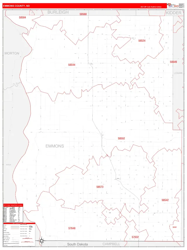 Emmons County, ND ZIP Code Wall Map, RedLine style