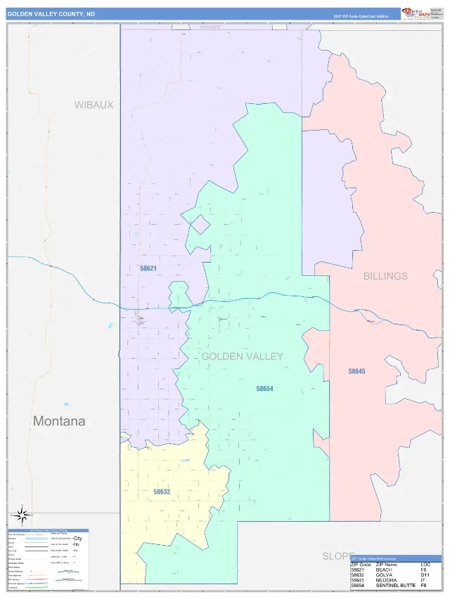 Golden Valley County, ND ZIP Code Wall Map, ColorCast style