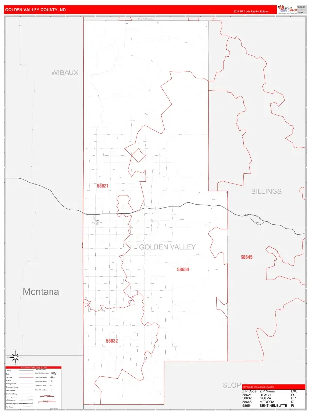 Golden Valley County, ND ZIP Code Wall Map, RedLine style
