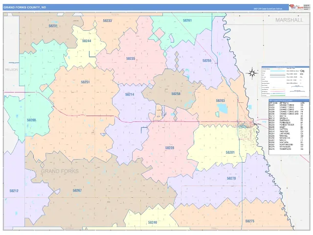 Grand Forks County, ND ZIP Code Wall Map, ColorCast style