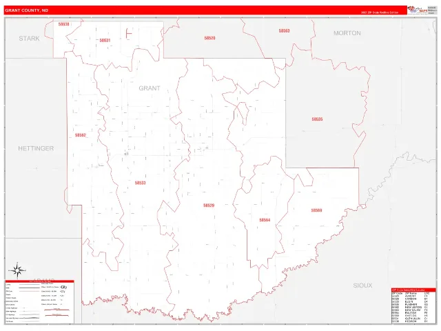 Grant County, ND ZIP Code Wall Map, RedLine style