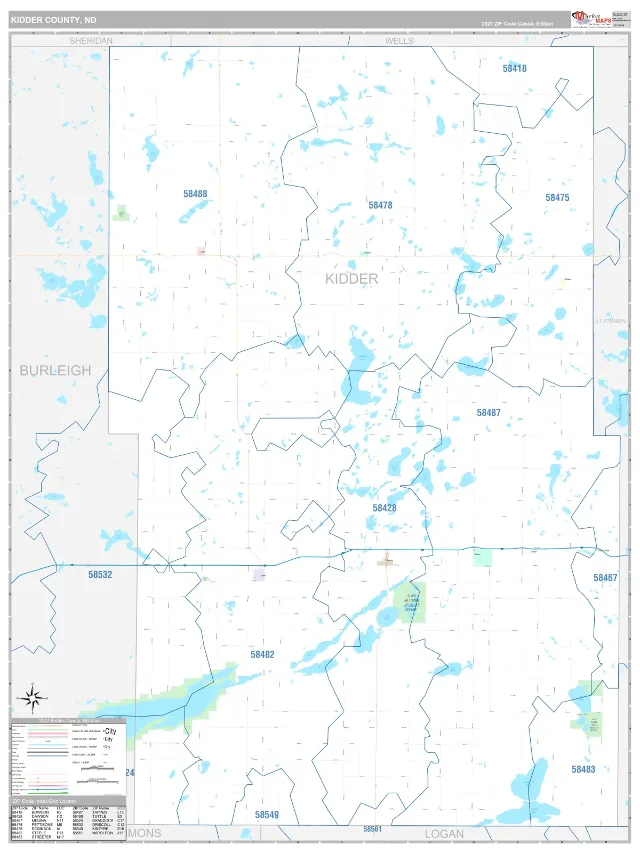 Kidder County, ND ZIP Code Wall Map, Classic style