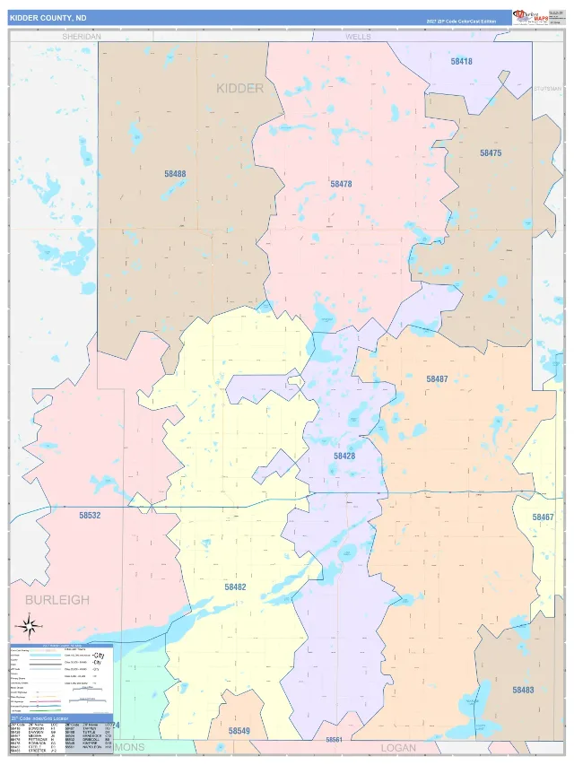 Kidder County, ND ZIP Code Wall Map, ColorCast style