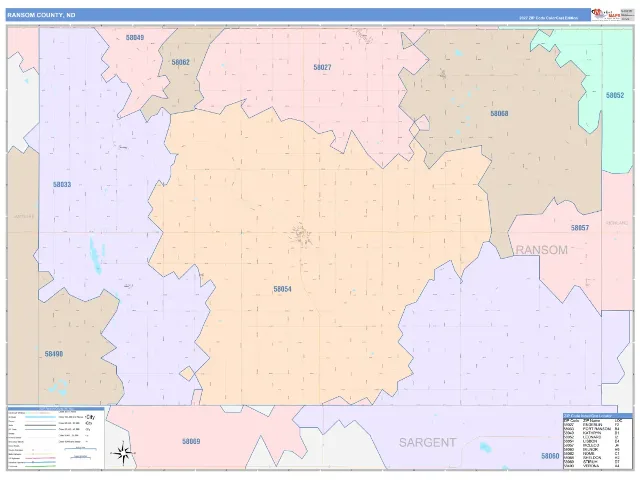 Ransom County, ND ZIP Code Wall Map, ColorCast style