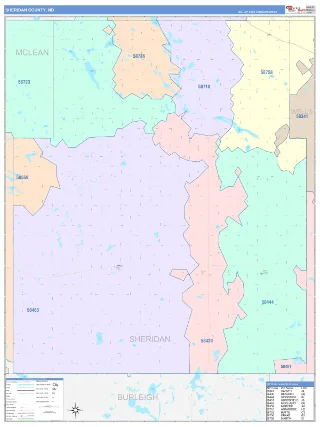 Sheridan County, ND ColorCast style ZIP Code wall map