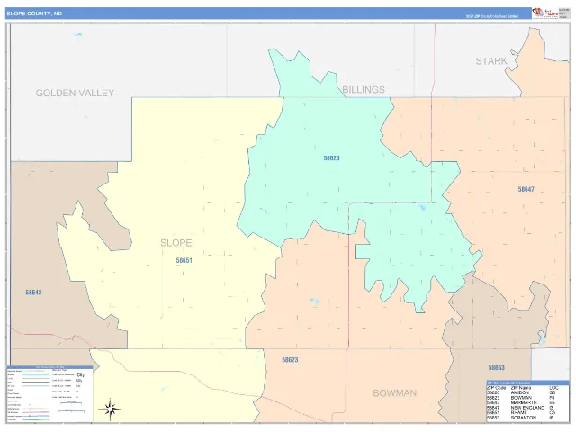 Slope County, ND ZIP Code Wall Map, ColorCast style