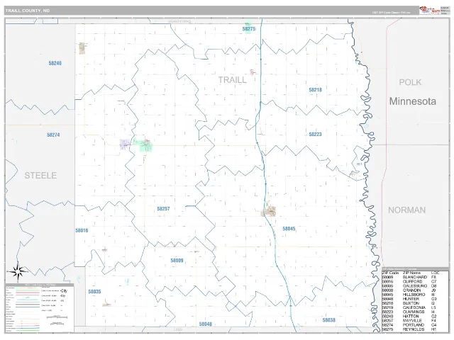 Traill County, ND ZIP Code Wall Map, Classic style