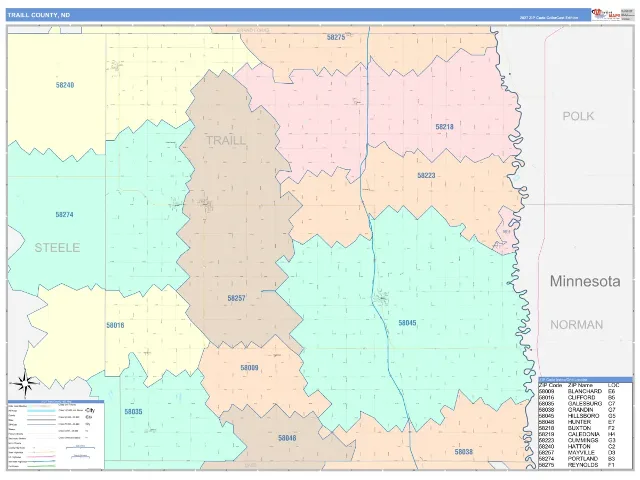 Traill County, ND ZIP Code Wall Map, ColorCast style