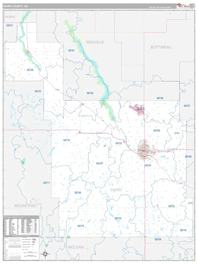 Ward County, ND ZIP Code Wall Map, Classic style