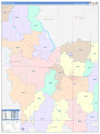Ward County, ND ColorCast style ZIP Code wall map