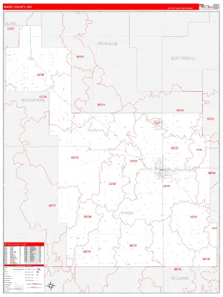 Ward County, ND RedLine style ZIP Code wall map
