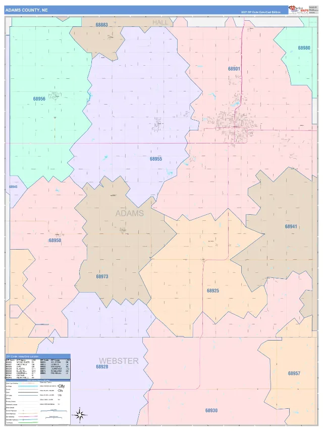 Adams County, NE ZIP Code Wall Map, ColorCast style