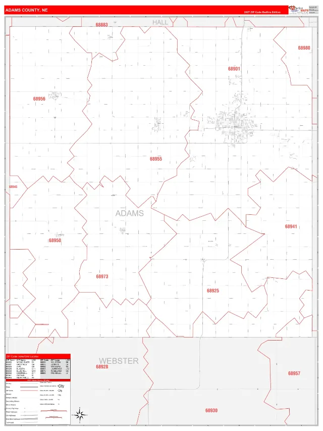 Adams County, NE ZIP Code Wall Map, RedLine style